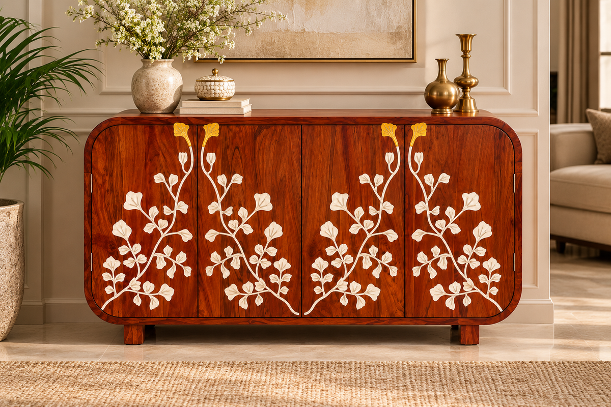 Handcrafted Wooden 4-Door Sideboard with Floral Inlay Design