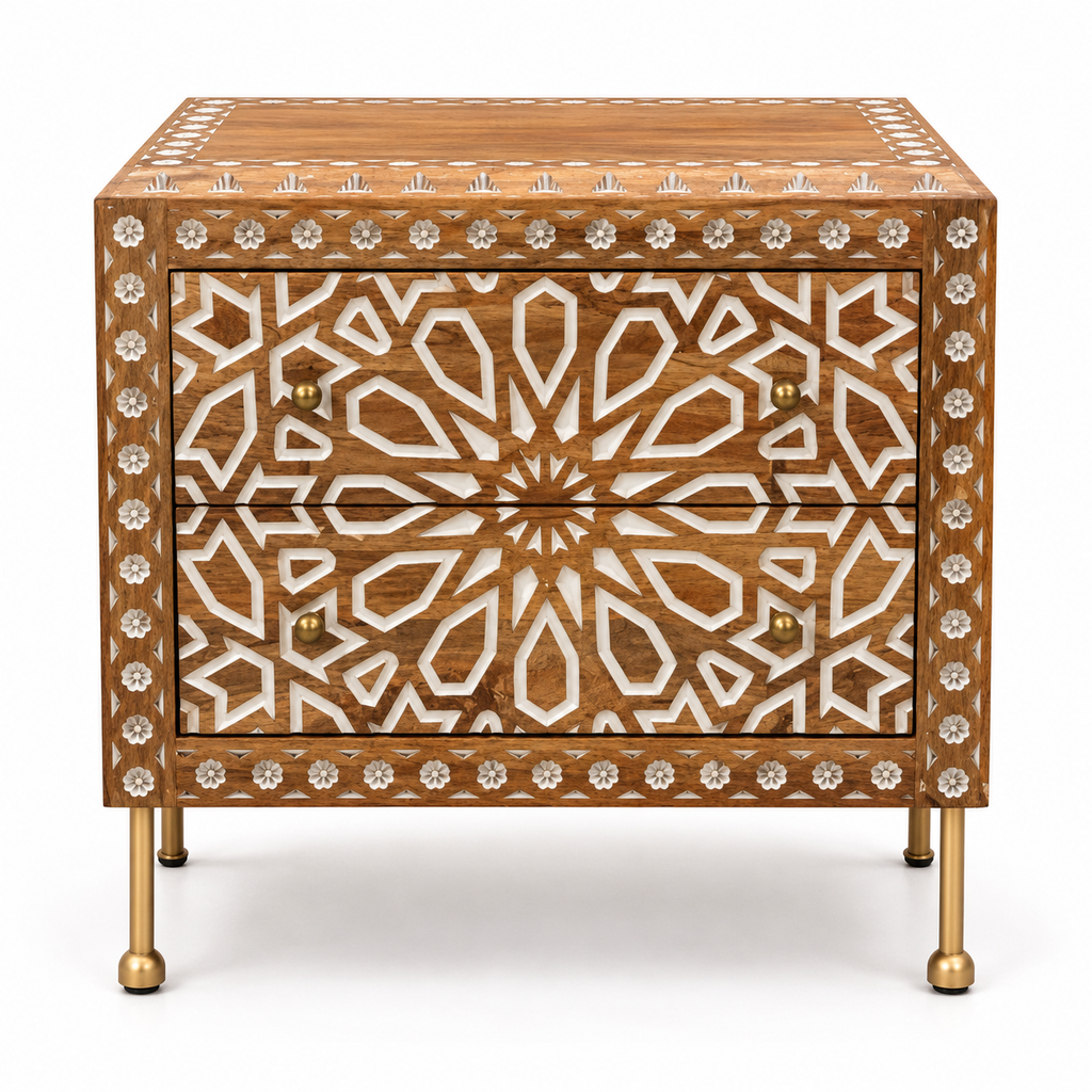 Handcrafted Wooden Bone Inlay 2-Drawer Bedside Cabinet with Brass Legs
