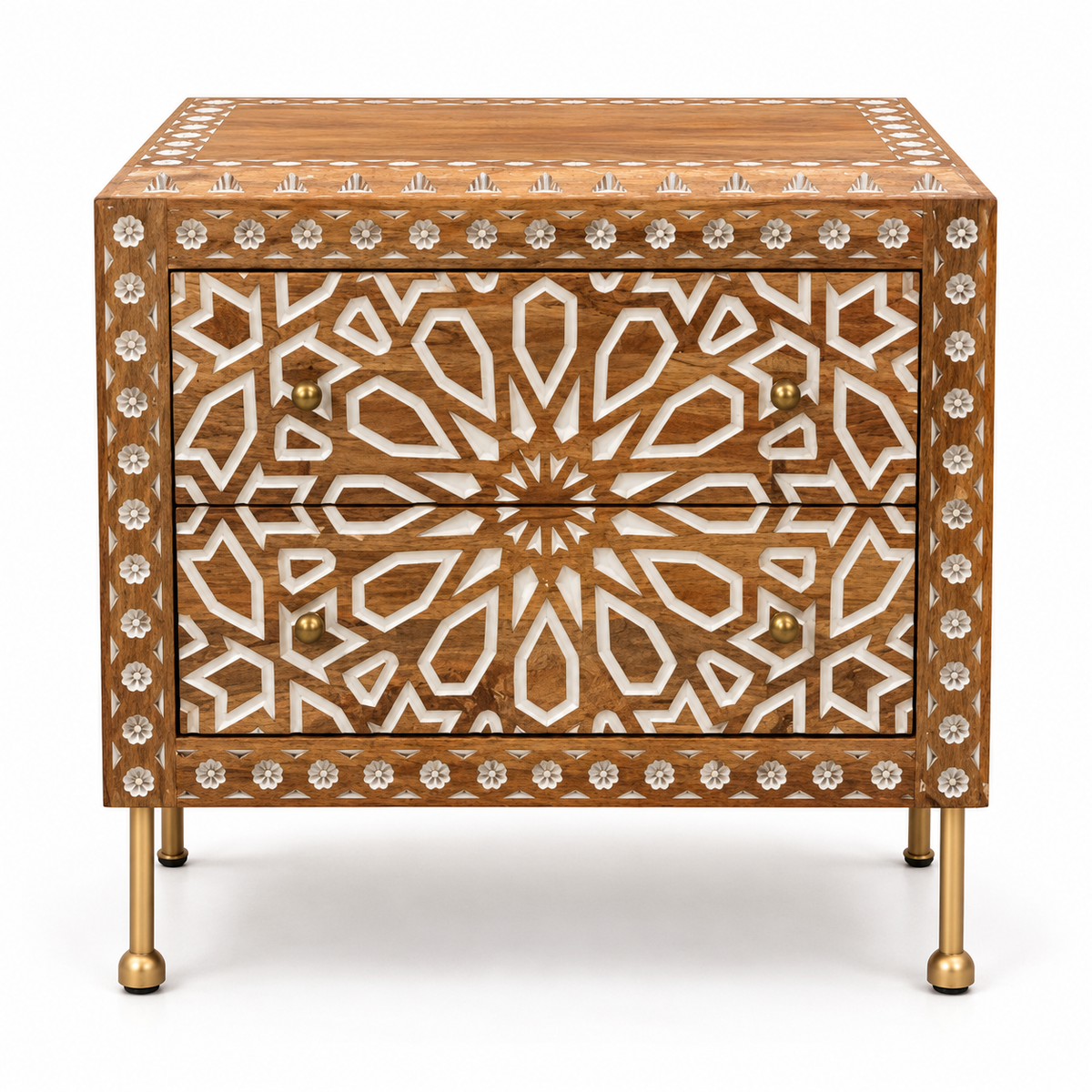 Handcrafted Wooden Bone Inlay 2-Drawer Bedside Cabinet with Brass Legs