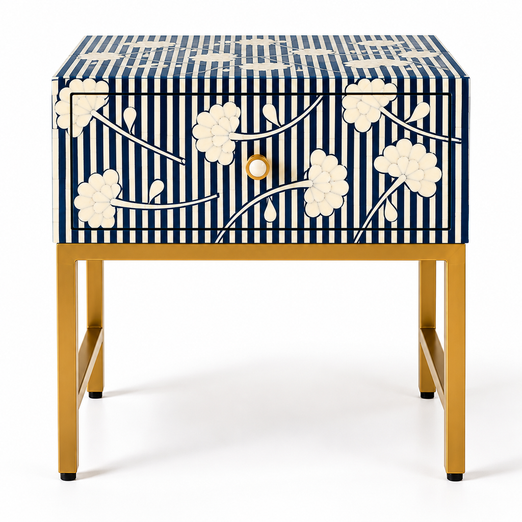 Handcrafted Blue & White Bone Inlay 1-Drawer Bedside Table