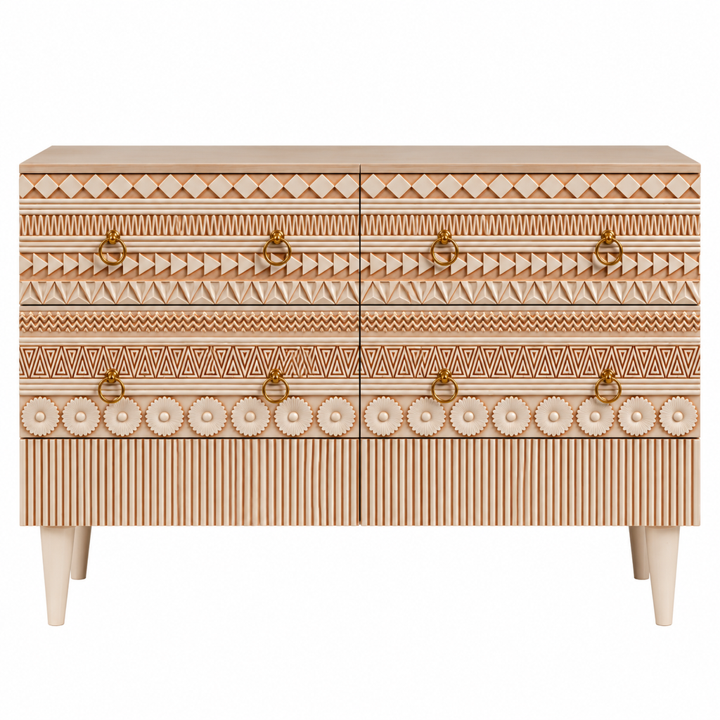 Hand Carved Accent Dresser & Chest of 6 Drawers – Geometric Wooden Storage Cabinet