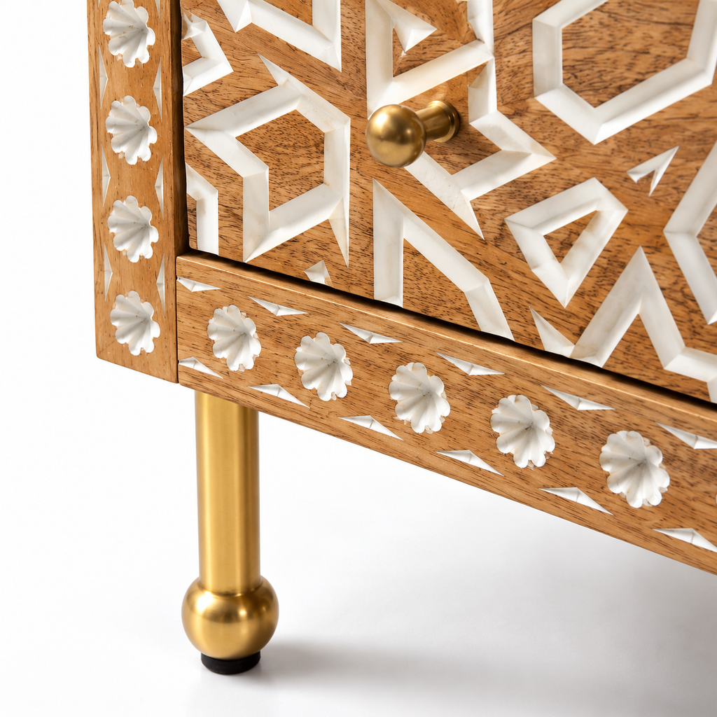 Handcrafted Wooden Bone Inlay 2-Drawer Bedside Cabinet with Brass Legs