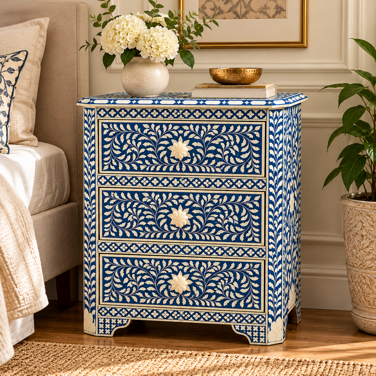 Handcrafted Blue & White Bone Inlay 3-Drawer Bed Side