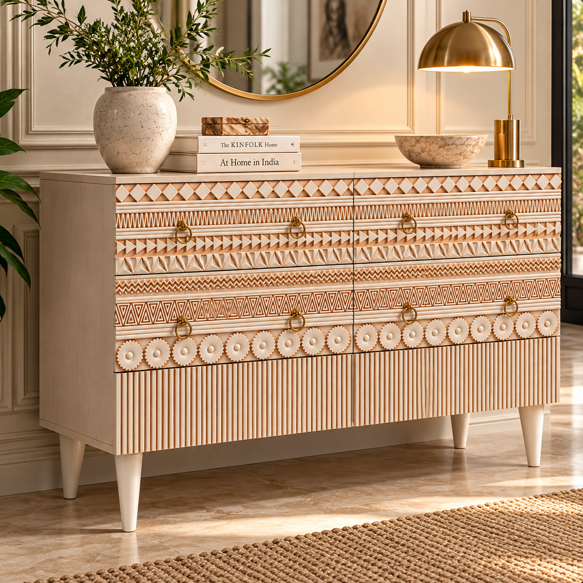 Hand Carved Accent Dresser & Chest of 6 Drawers – Geometric Wooden Storage Cabinet