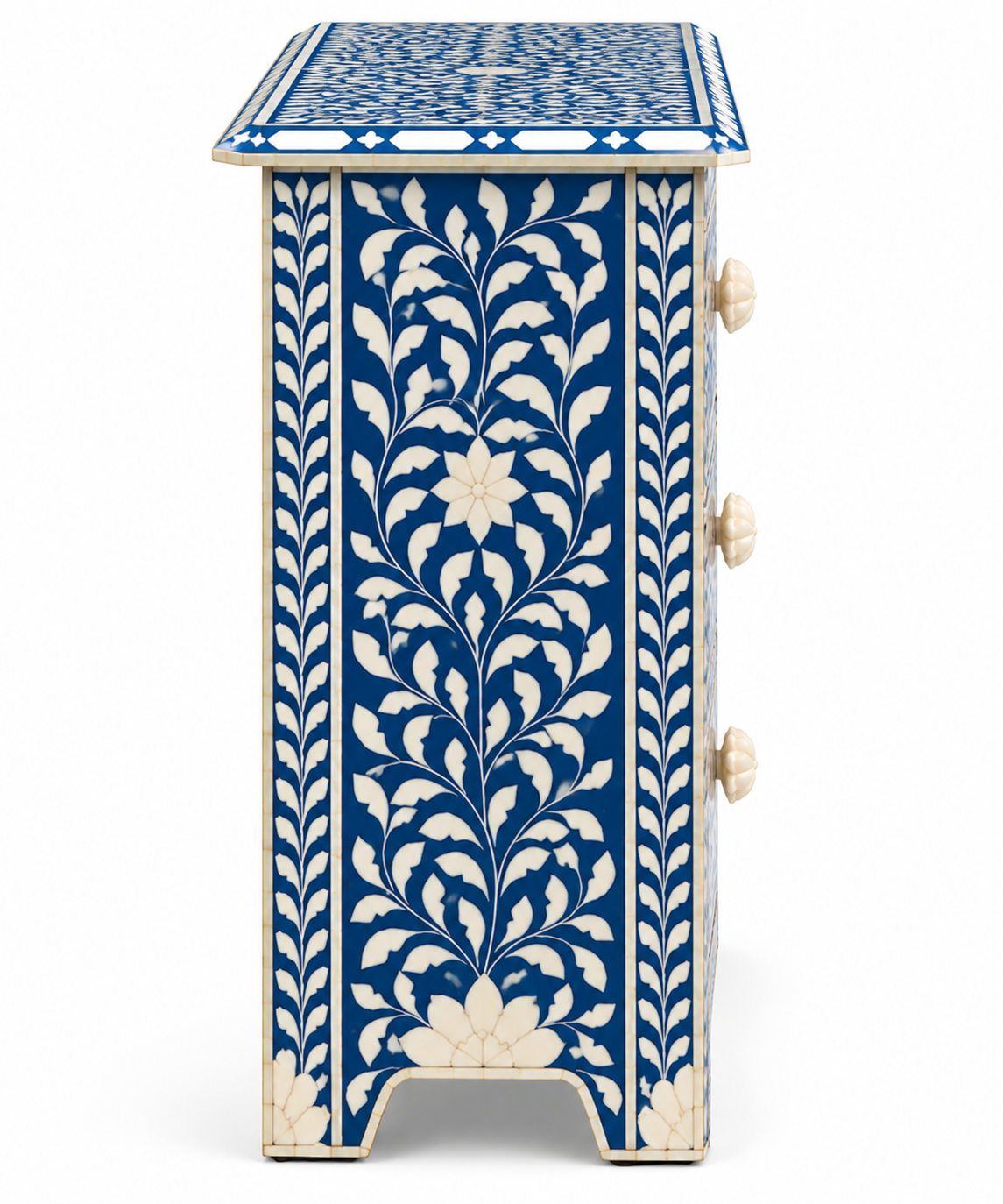 Handcrafted Blue & White Bone Inlay 3-Drawer Bed Side