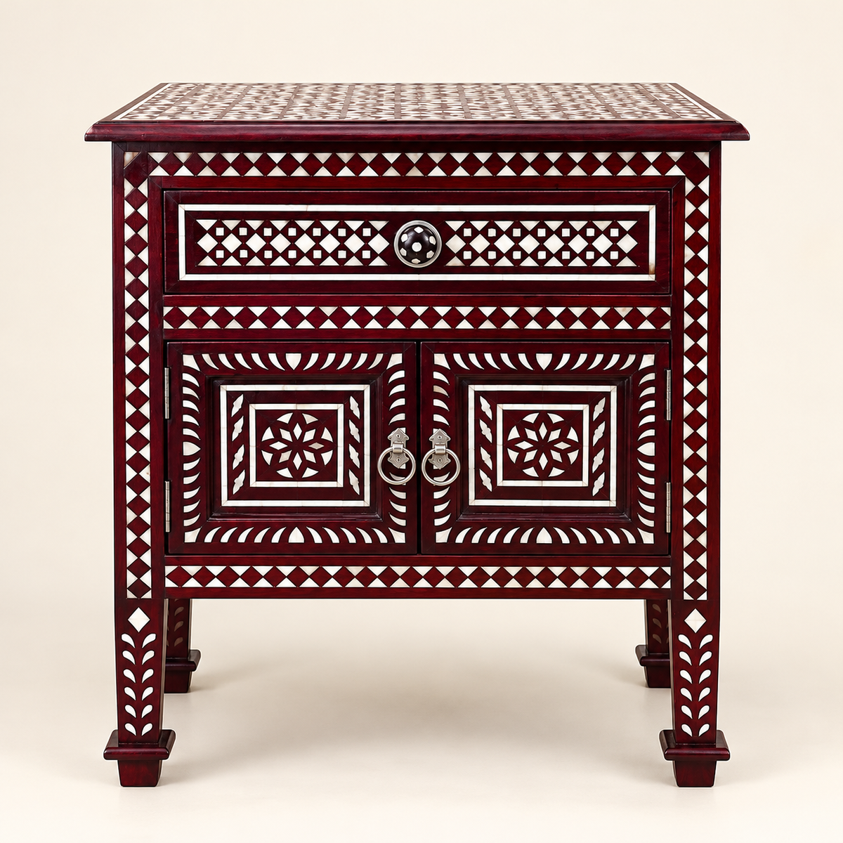 Handcrafted Antique Mother of Pearl Inlay Bedside Table with 1 Drawer & 2 Doors