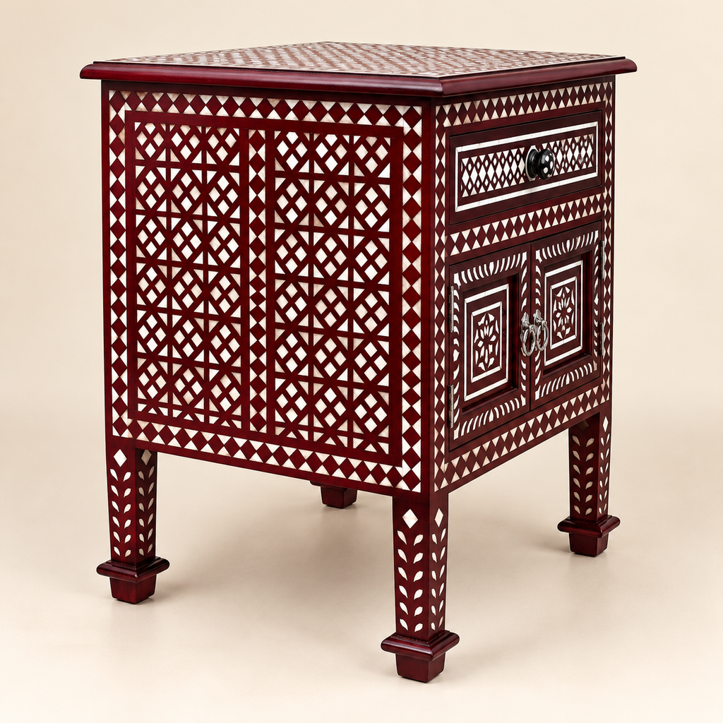 Handcrafted Antique Mother of Pearl Inlay Bedside Table with 1 Drawer & 2 Doors