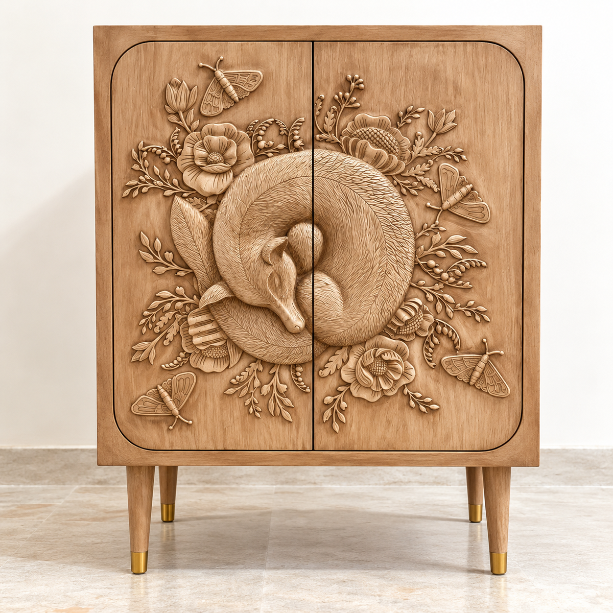Handcrafted Wooden 2-Door Cabinet with 3D Animal Carving
