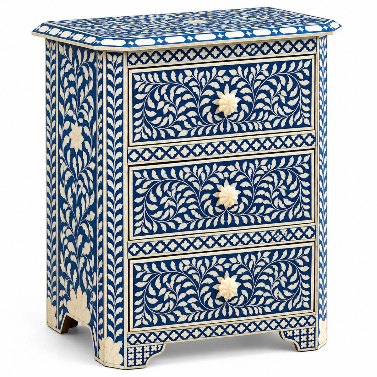 Handcrafted Blue & White Bone Inlay 3-Drawer Bed Side
