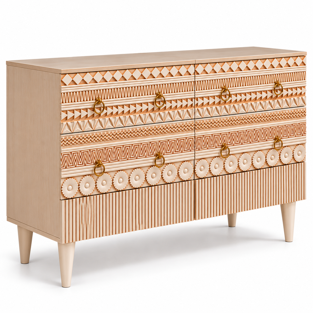 Hand Carved Accent Dresser & Chest of 6 Drawers – Geometric Wooden Storage Cabinet