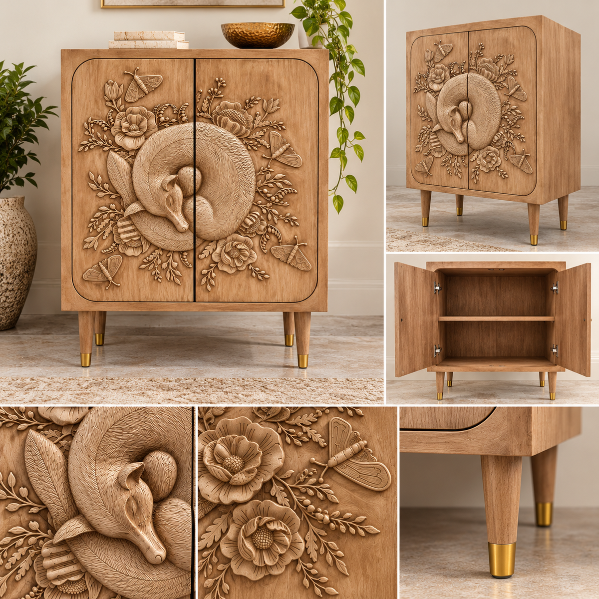 Handcrafted Wooden 2-Door Cabinet with 3D Animal Carving