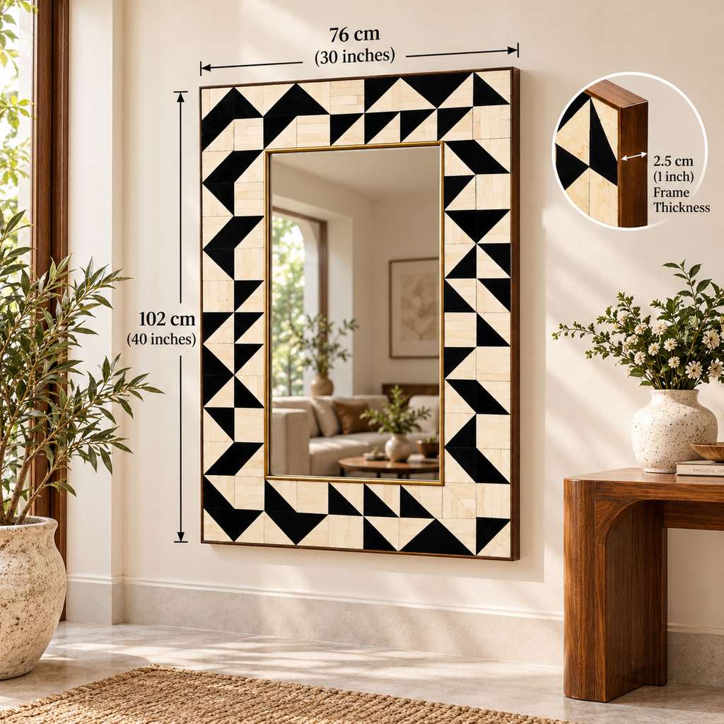 Handcrafted Black & Ivory Geometric Bone Inlay Wall Mirror