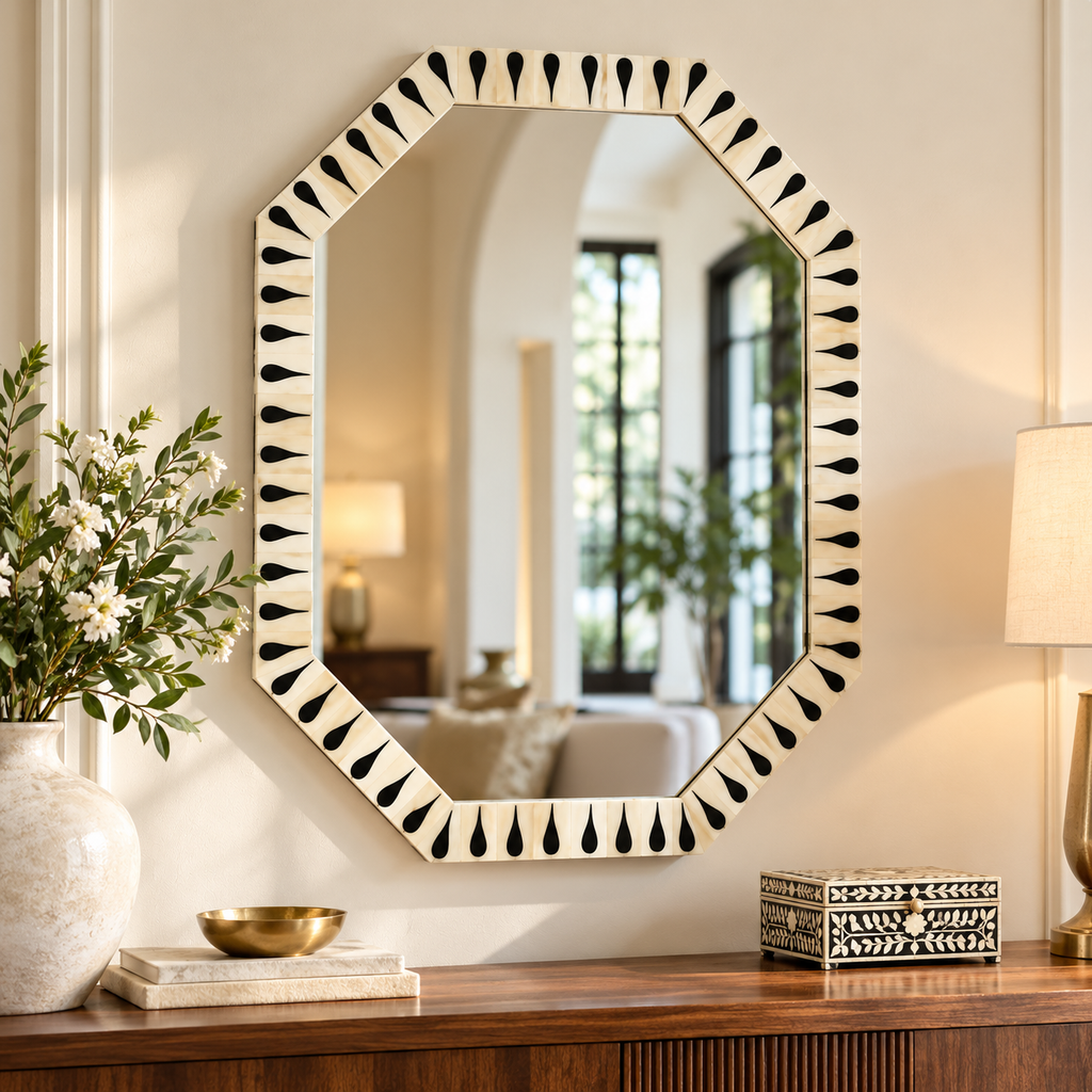 Handcrafted Black & Ivory Bone Inlay Octagon Wall Mirror