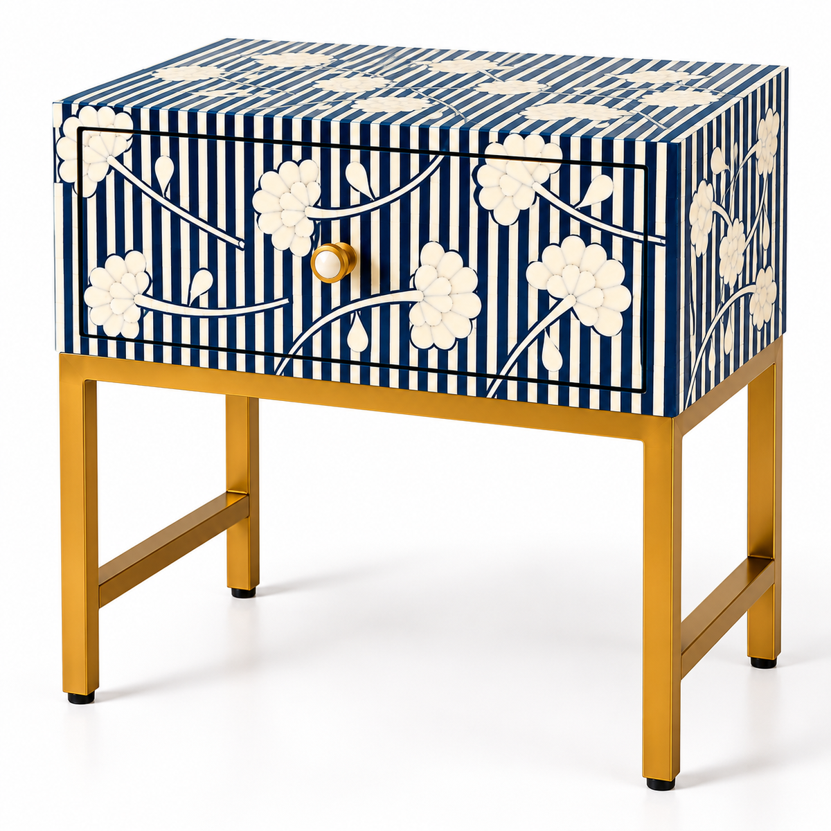 Handcrafted Blue & White Bone Inlay 1-Drawer Bedside Table