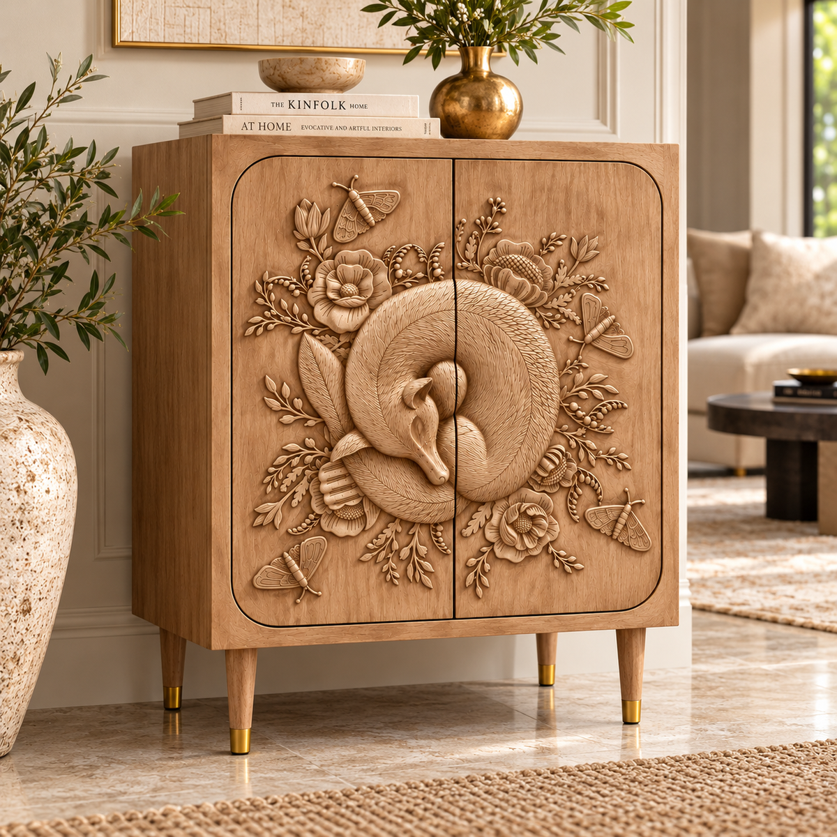 Handcrafted Wooden 2-Door Cabinet with 3D Animal Carving