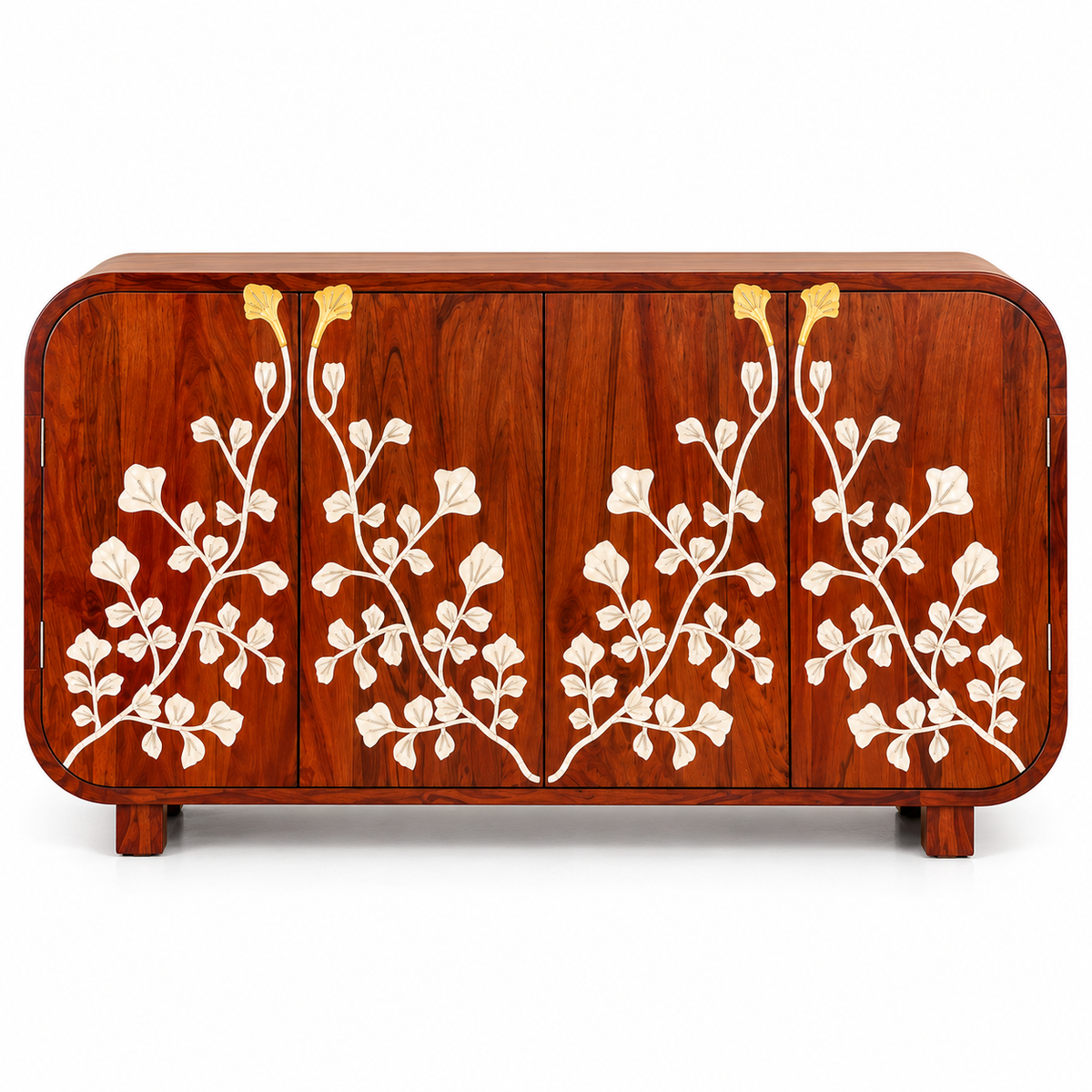 Handcrafted Wooden 4-Door Sideboard with Floral Inlay Design