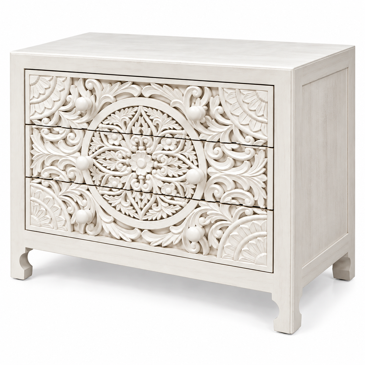 Handcrafted White Carved 3-Drawer Chest of Drawers