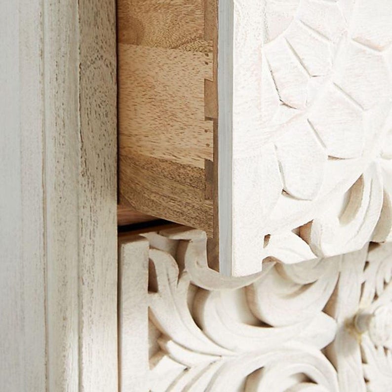 Handcrafted White Carved 3-Drawer Chest of Drawers