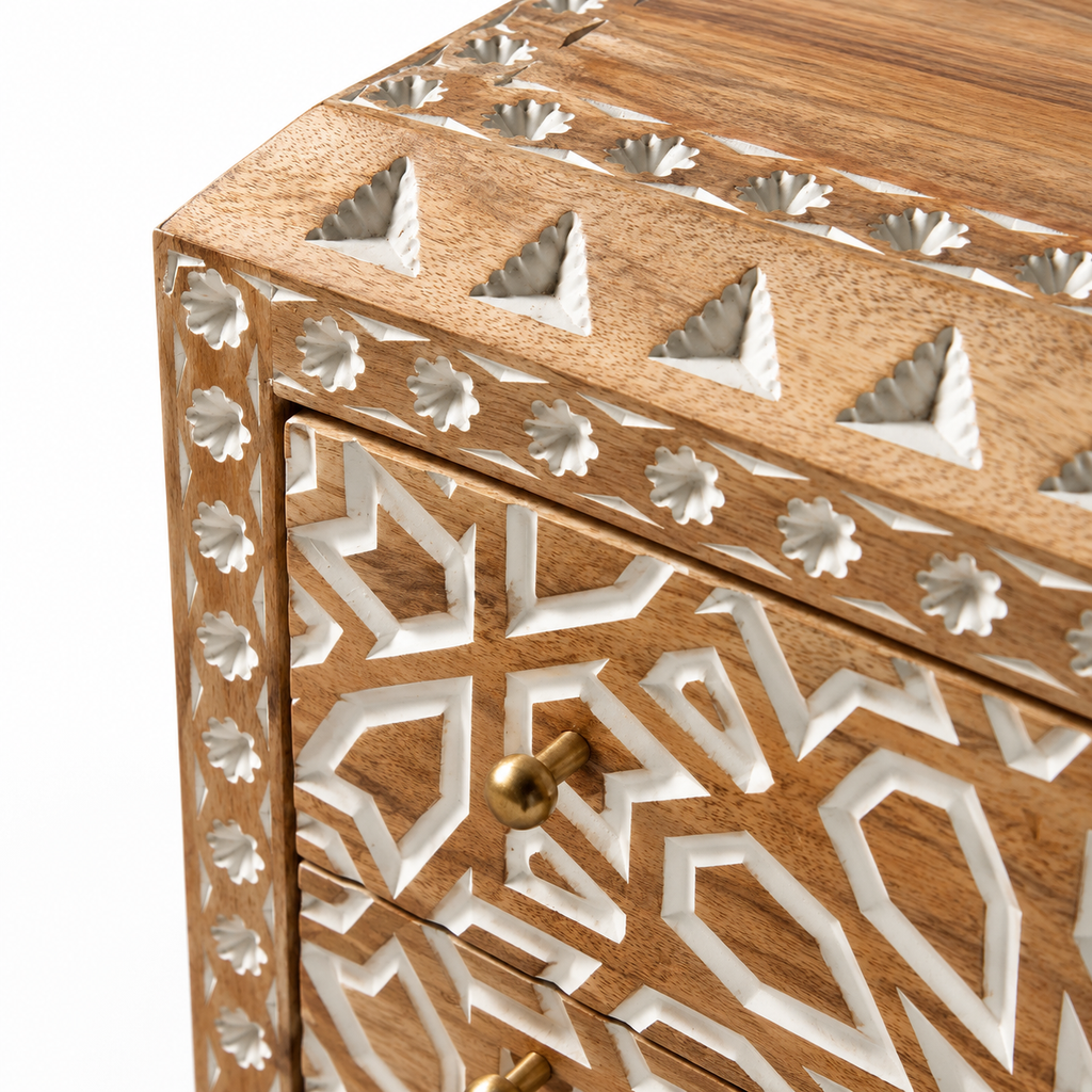 Handcrafted Wooden Bone Inlay 2-Drawer Bedside Cabinet with Brass Legs