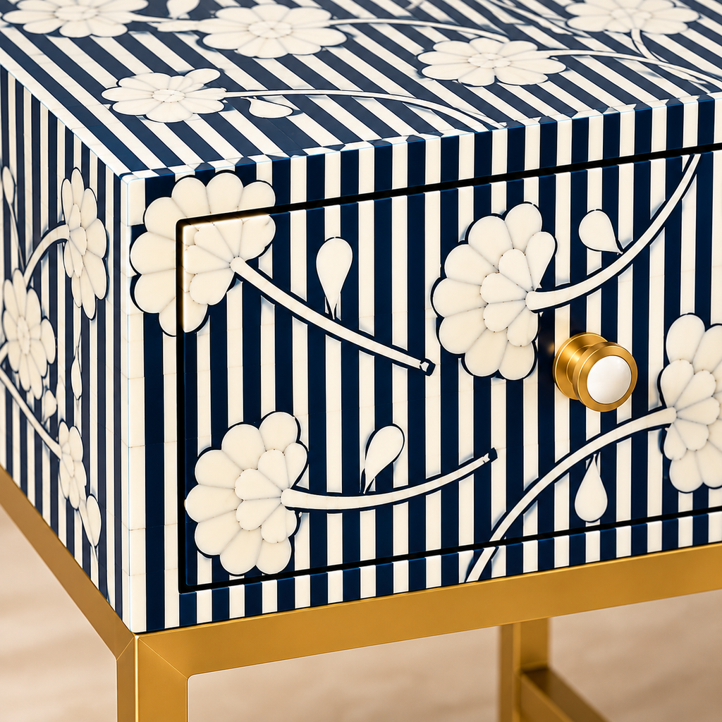 Handcrafted Blue & White Bone Inlay 1-Drawer Bedside Table