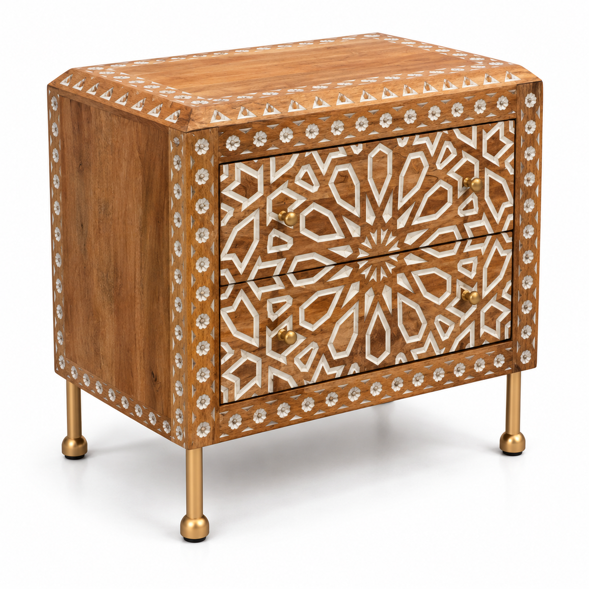 Handcrafted Wooden Bone Inlay 2-Drawer Bedside Cabinet with Brass Legs