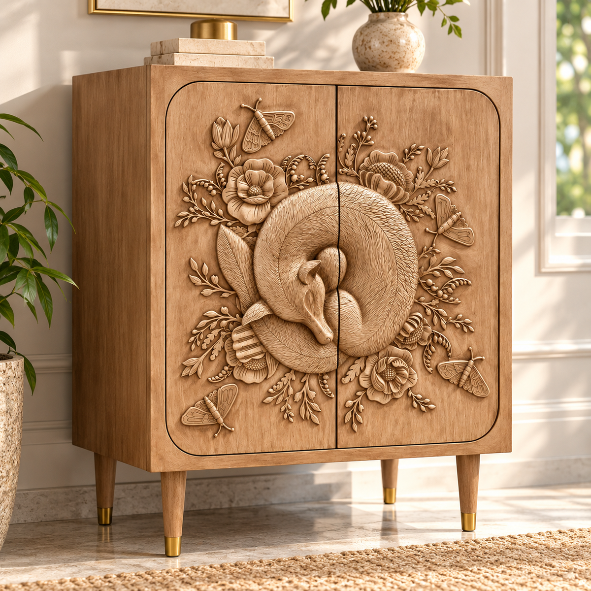 Handcrafted Wooden 2-Door Cabinet with 3D Animal Carving