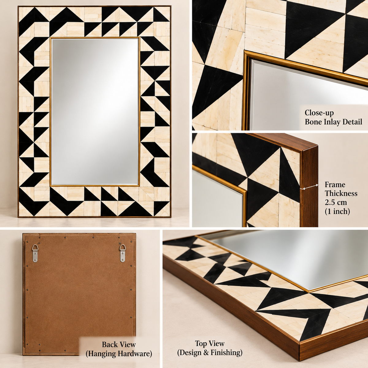 Handcrafted Black & Ivory Geometric Bone Inlay Wall Mirror