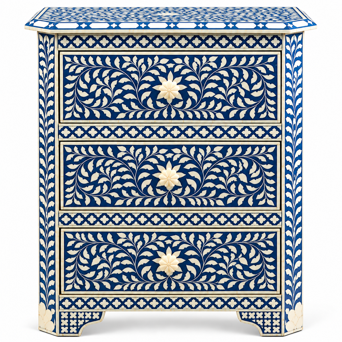 Handcrafted Blue & White Bone Inlay 3-Drawer Bed Side
