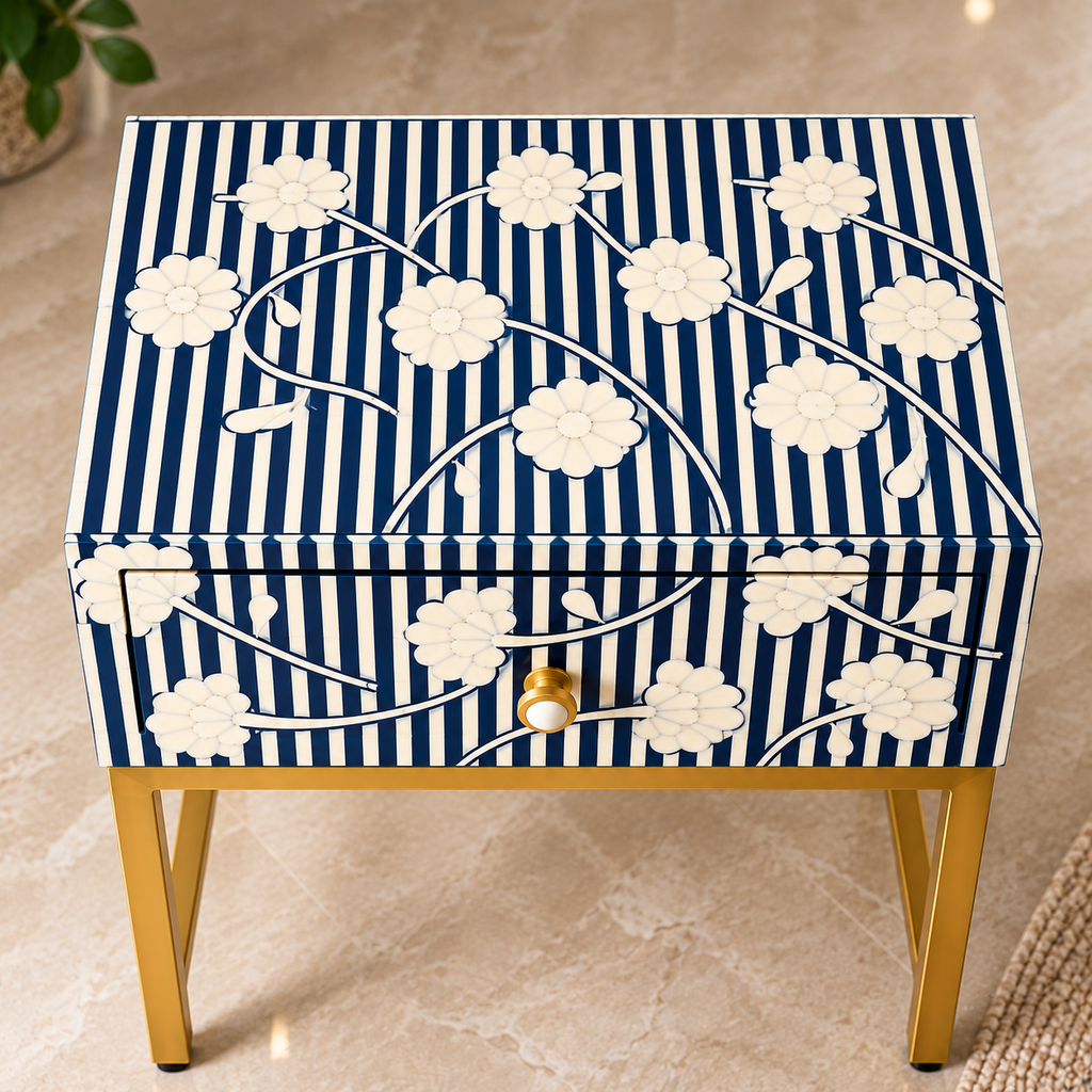 Handcrafted Blue & White Bone Inlay 1-Drawer Bedside Table