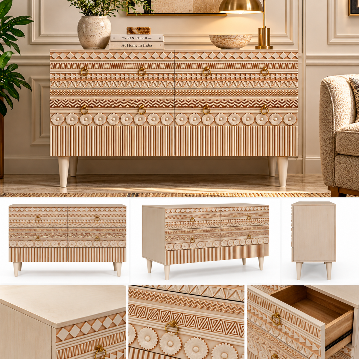 Hand Carved Accent Dresser & Chest of 6 Drawers – Geometric Wooden Storage Cabinet