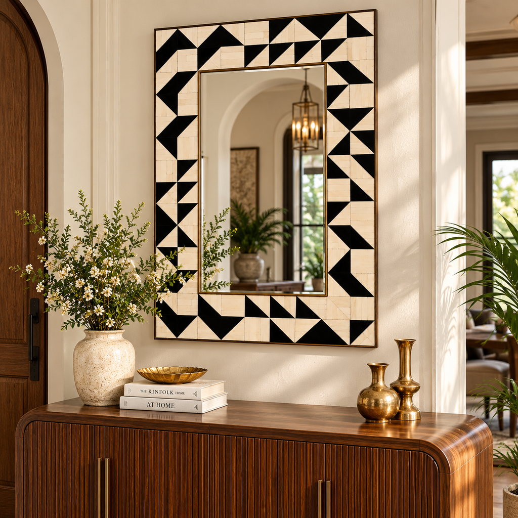 Handcrafted Black & Ivory Geometric Bone Inlay Wall Mirror