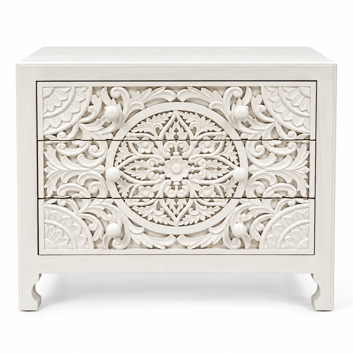 Handcrafted White Carved 3-Drawer Chest of Drawers