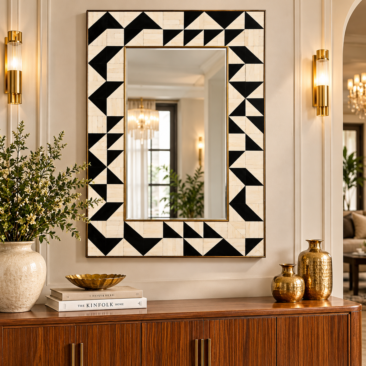 Handcrafted Black & Ivory Geometric Bone Inlay Wall Mirror