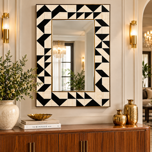 Handcrafted Black & Ivory Geometric Bone Inlay Wall Mirror