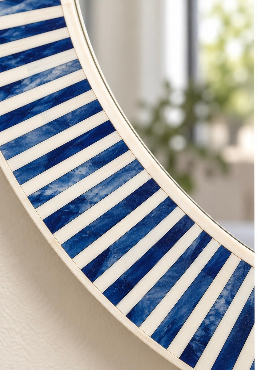 Luxury Blue & Ivory Bone Inlay Round Wall Mirror – Handmade Designer Decorative Mirror