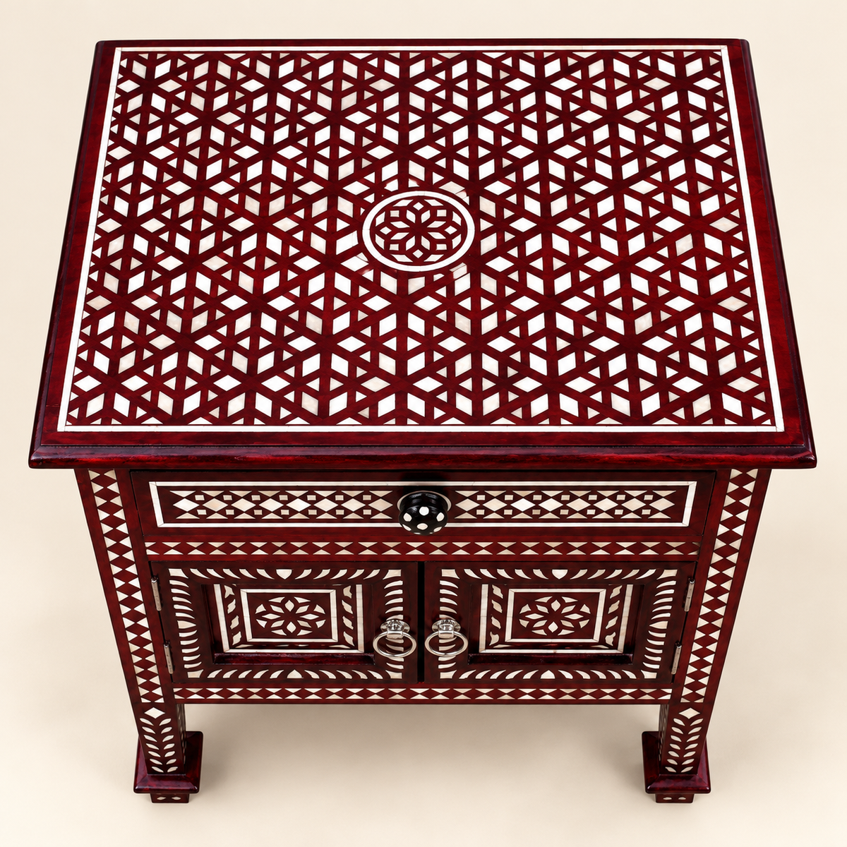 Handcrafted Antique Mother of Pearl Inlay Bedside Table with 1 Drawer & 2 Doors