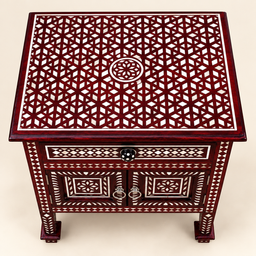 Handcrafted Antique Mother of Pearl Inlay Bedside Table with 1 Drawer & 2 Doors