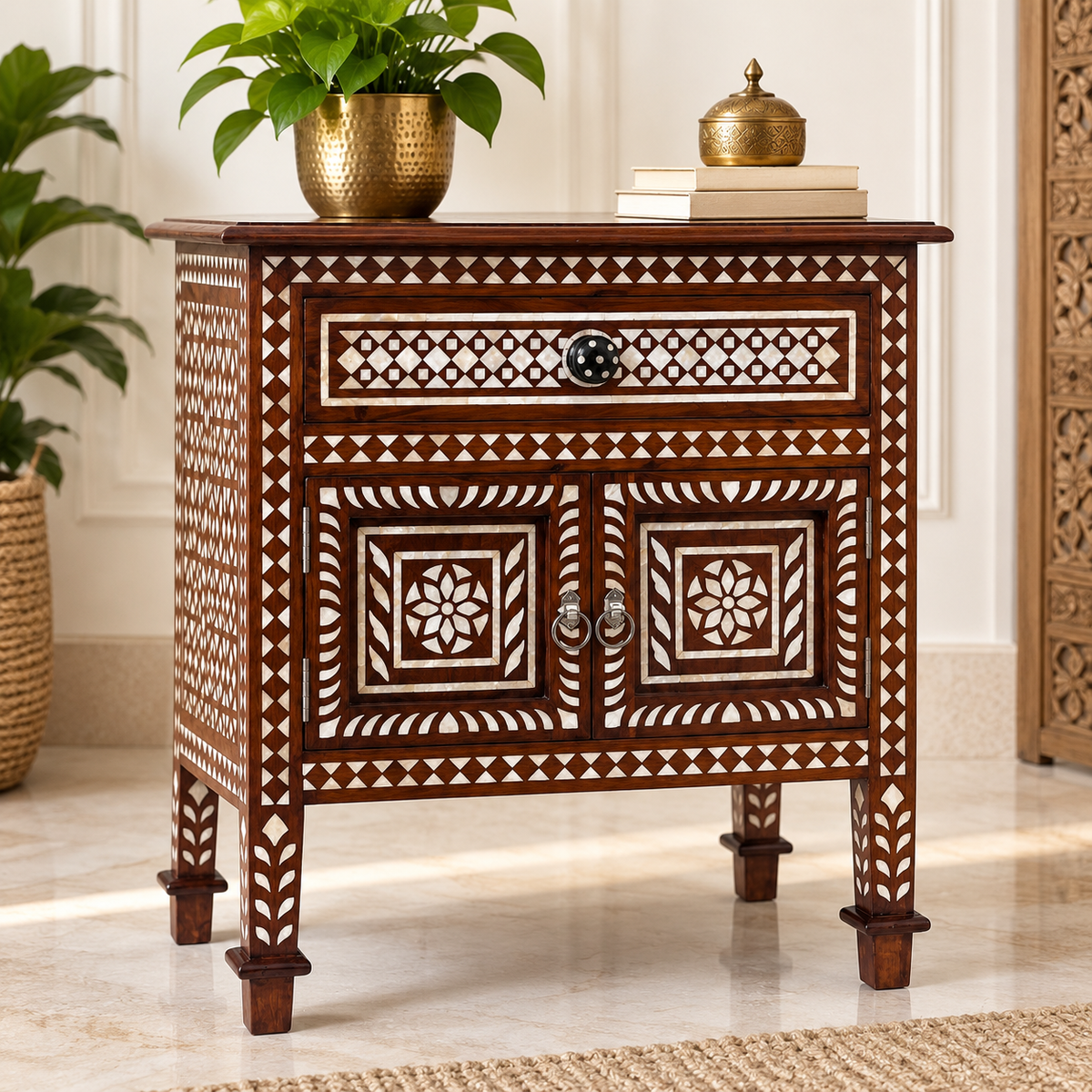 Handcrafted Antique Mother of Pearl Inlay Bedside Table with 1 Drawer & 2 Doors