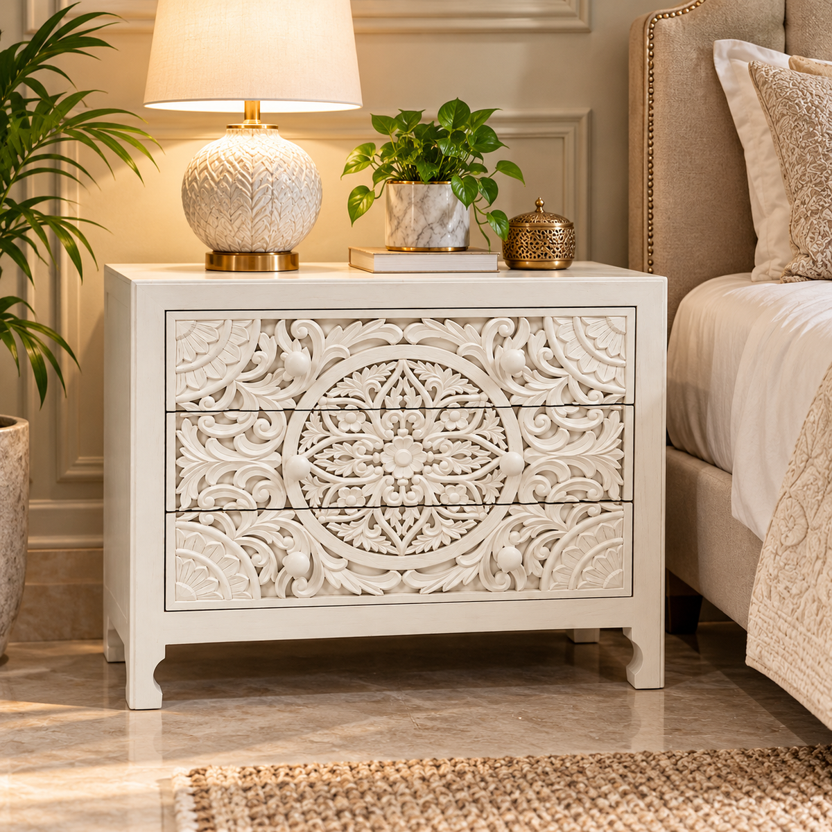 Handcrafted White Carved 3-Drawer Chest of Drawers