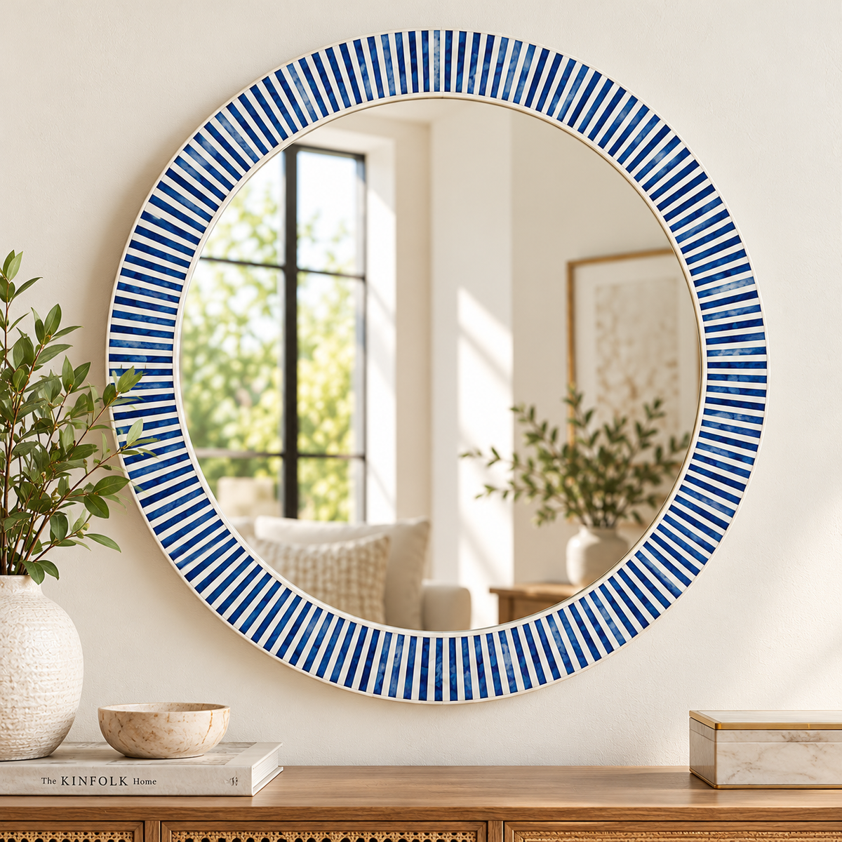 Luxury Blue & Ivory Bone Inlay Round Wall Mirror – Handmade Designer Decorative Mirror