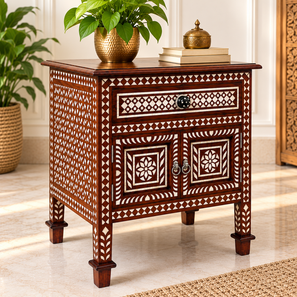 Handcrafted Antique Mother of Pearl Inlay Bedside Table with 1 Drawer & 2 Doors