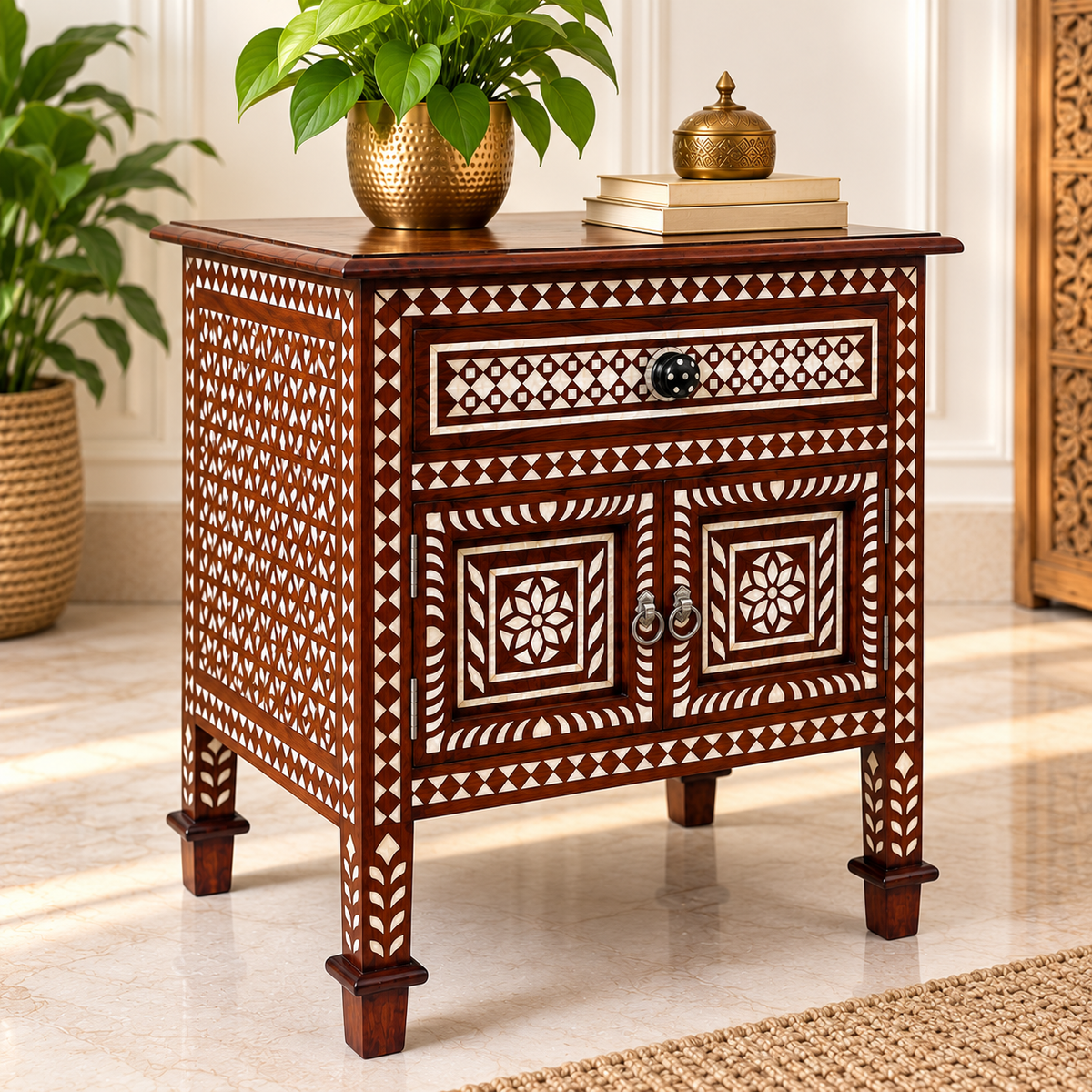 Handcrafted Antique Mother of Pearl Inlay Bedside Table with 1 Drawer & 2 Doors