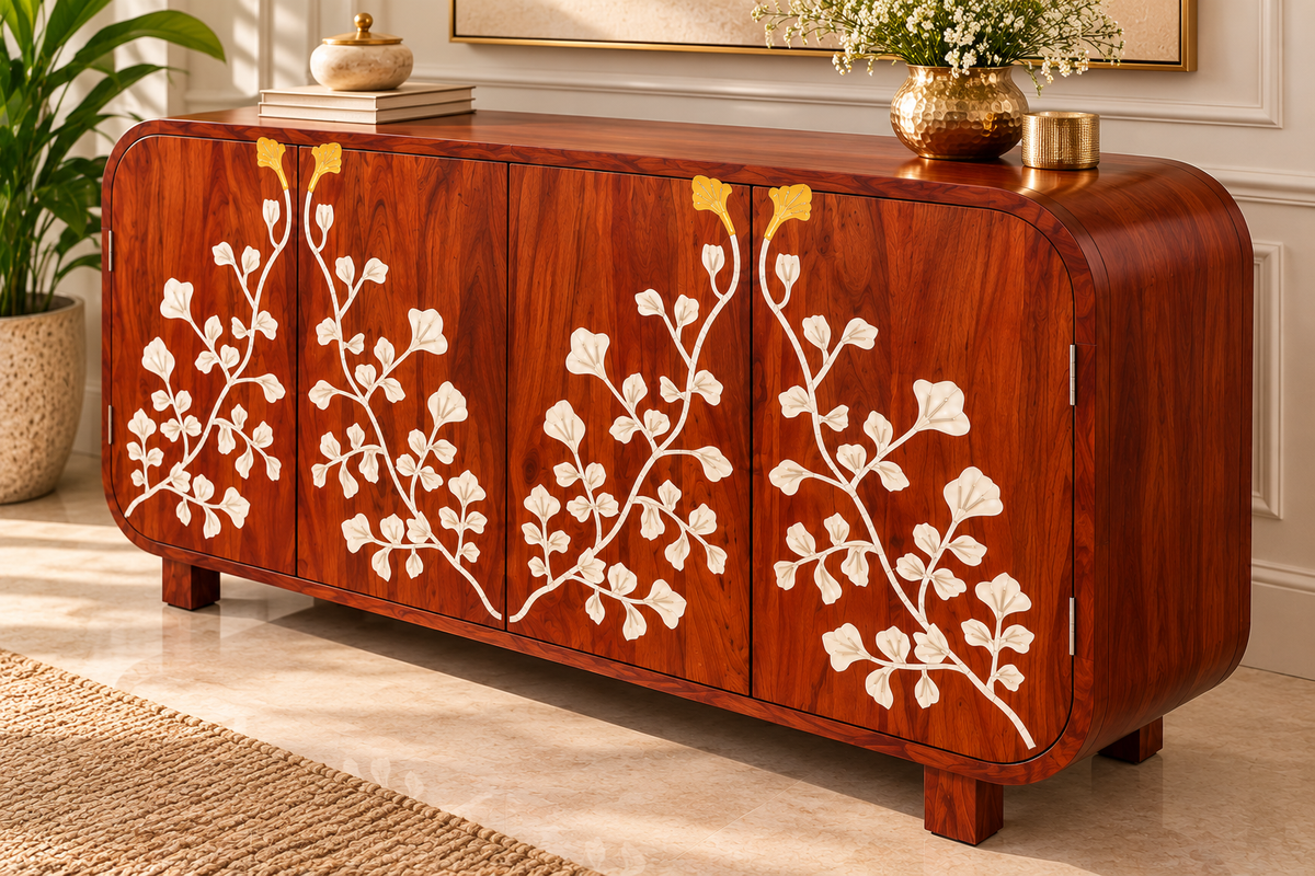 Handcrafted Wooden 4-Door Sideboard with Floral Inlay Design