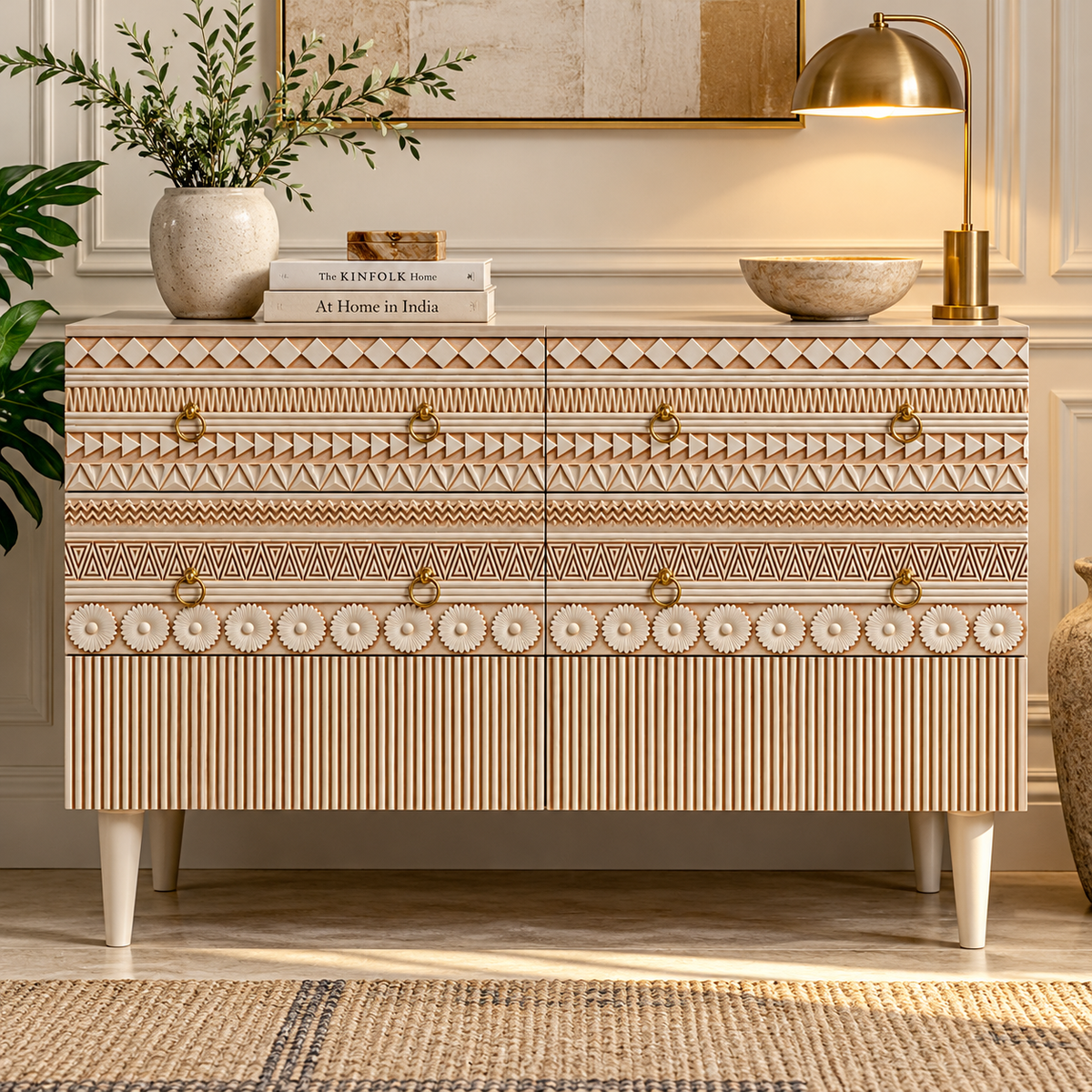 Hand Carved Accent Dresser & Chest of 6 Drawers – Geometric Wooden Storage Cabinet