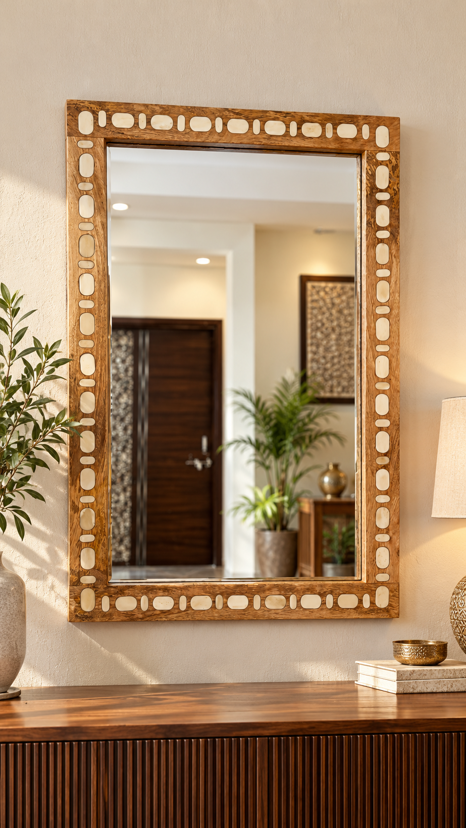 Handcrafted Bone Inlay Mirror – Natural Wood Frame